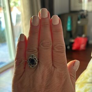 Vintage sterling silver ring with Marcasite and Garnet center stone size 7